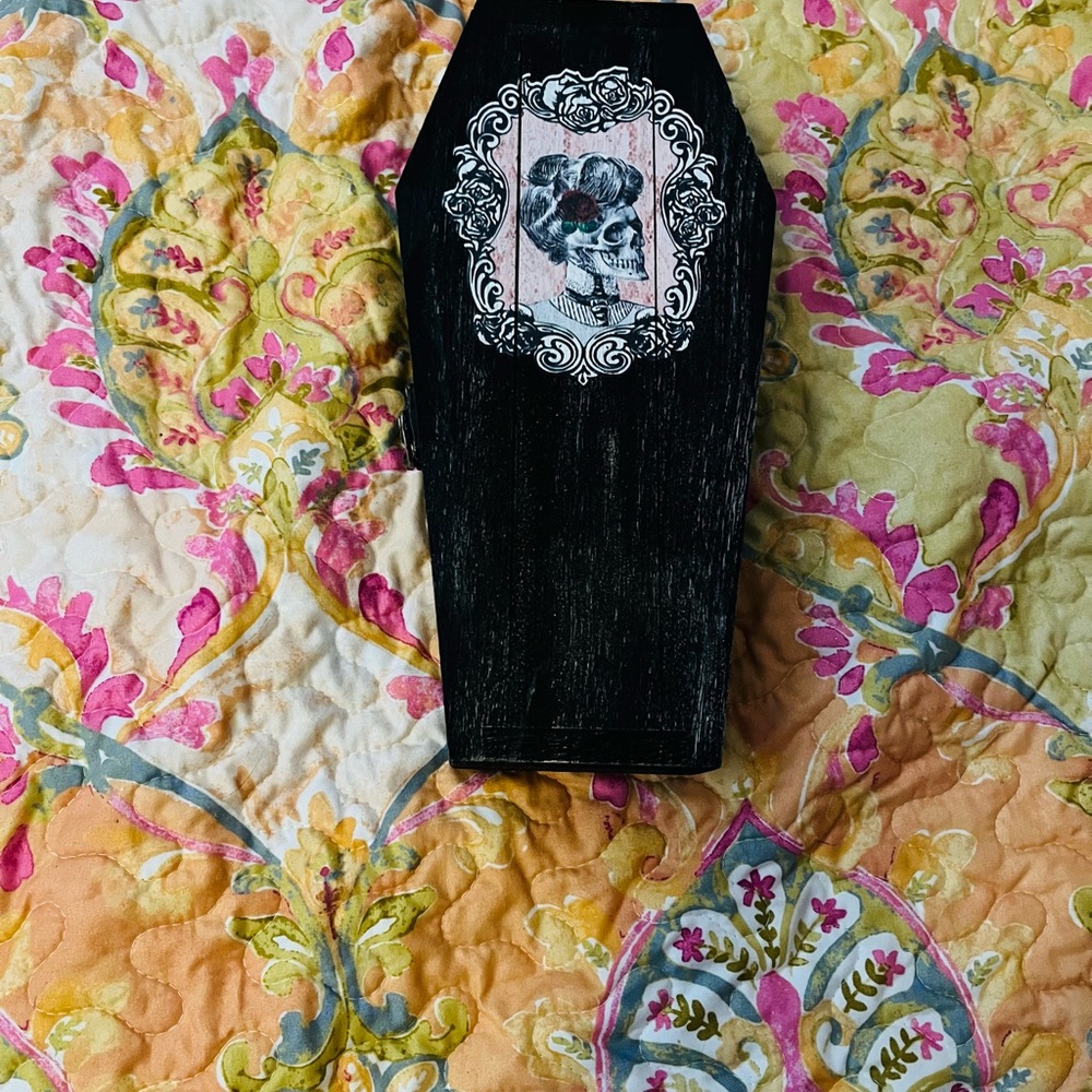 Pink and black Halloween coffin